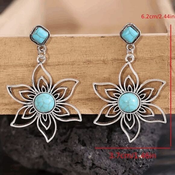 Western Lotus Silver Plated Turquoise Dangle Earrings - Picture 4 of 7